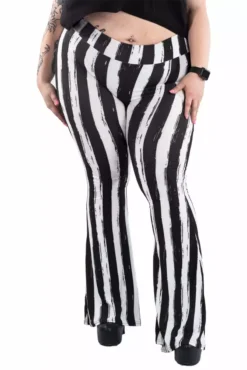 Distressed Beetlejuice Striped Hellz Bellz Bell Bottoms [BLACK/WHITE] -Creepsville Horror Shop vfgttght