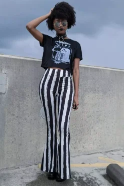 Distressed Beetlejuice Striped Hellz Bellz Bell Bottoms [BLACK/WHITE] -Creepsville Horror Shop vgrtgtrhgt