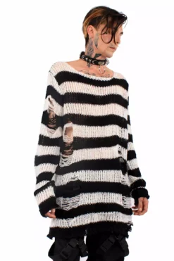 White/Black Striped Distressed Sweater -Creepsville Horror Shop white sweater 01