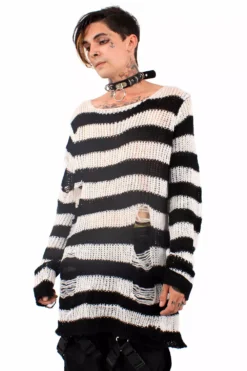 White/Black Striped Distressed Sweater -Creepsville Horror Shop white sweater 02