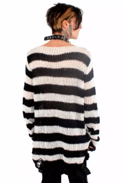 White/Black Striped Distressed Sweater -Creepsville Horror Shop white sweater 03