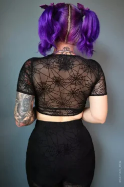 Spiderweb Mesh Front Tie Top 8 Spiderweb Mesh Front Tie Top -Creepsville Horror Shop womens gothic mesh top