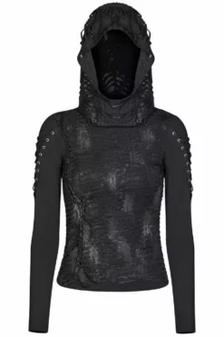 Warling Shredded Hooded Top 15 Warling Shredded Hooded Top -Creepsville Horror Shop womens punk hooded black top